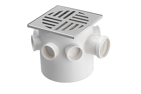 CAIXA SIFONADA QUADRADA COM SETE ENTRADAS GRELHA E PORTA GRELHA CROMADAS