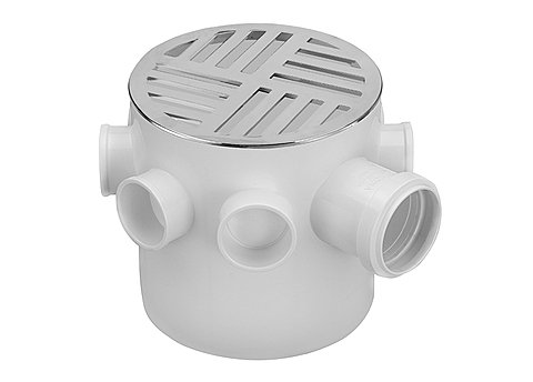 CAIXA SIFONADA REDONDA COM SETE ENTRADAS GRELHA E PORTA GRELHA CROMADAS